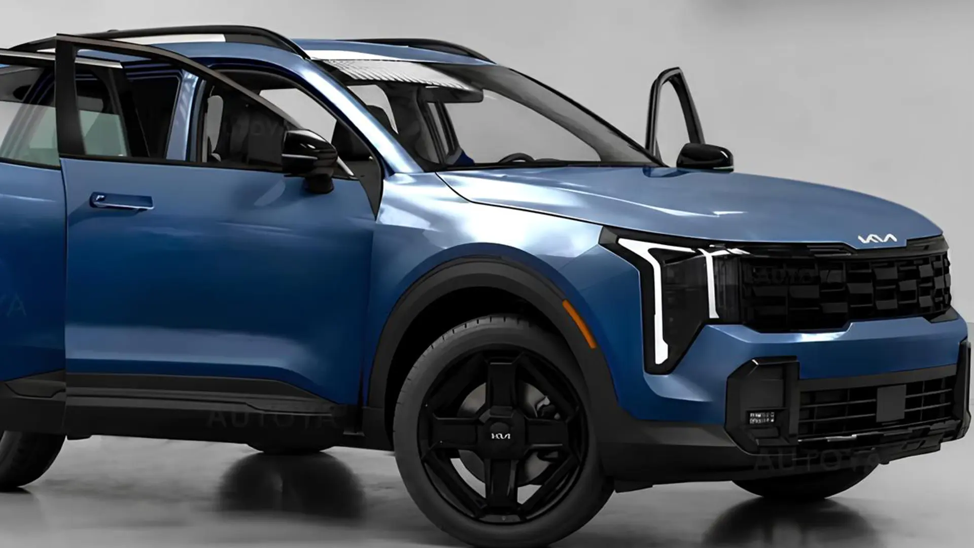 Kia Sportage шостого покоління синього кольору з відкритими дверима у студії