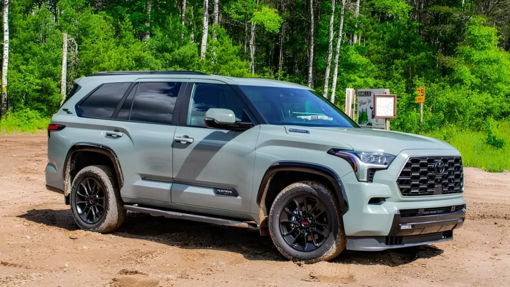 Світло-зелена Toyota Sequoia на піщовій дорозі біля лісу