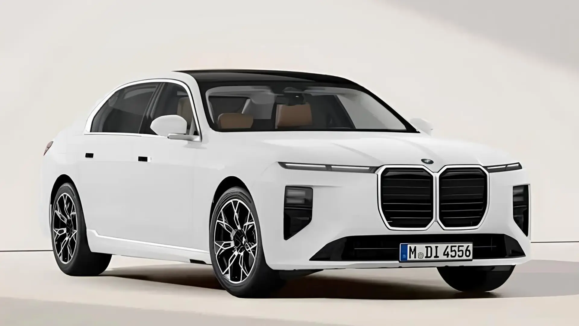 Білий BMW 7 Series у студії, вигляд спереду збоку